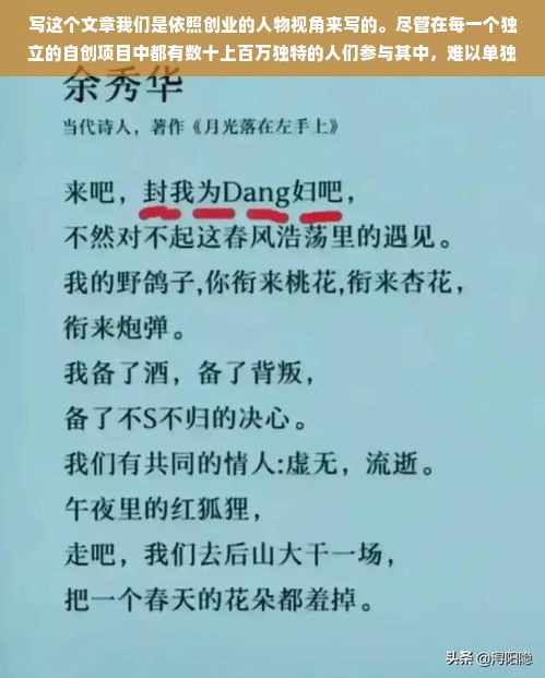 写这个文章我们是依照创业的人物视角来写的。尽管在每一个独立的自创项目中都有数十上百万独特的人们参与其中，难以单独详细地讲述每一个创业者的故事，但我们可以尝试通过几个典型的例子来展示自主创业人的多样性和他们的精神。