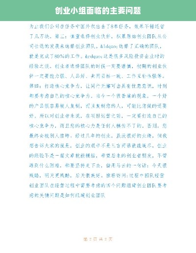 创业小组面临的主要问题